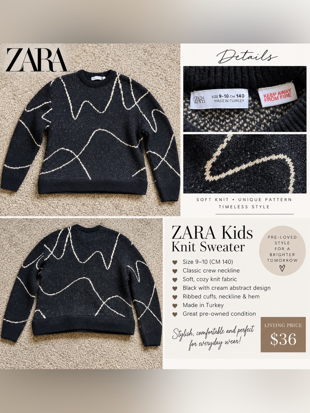 ZARA Kids Black Cream Abstract Knit Sweater Size 9-10 140